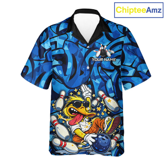 Funny Duck Bowling Hawaiian Shirts Custom Blue graffiti pattern Team Bowling Jerseys NQS11603