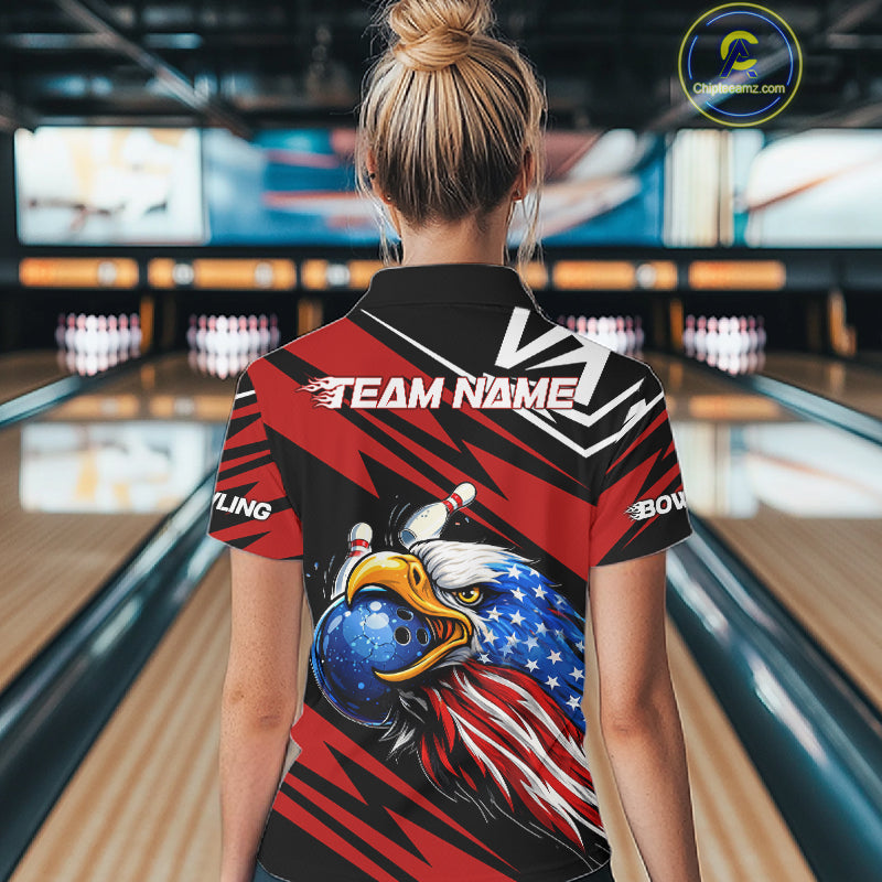 Custom Black and Red Camo American Flag Eagle Bowling shirts for Women, patriotic bowling team shirts NQS11609