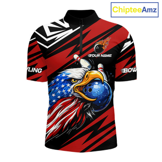Custom Black and Red Camo American Flag Eagle Bowling shirts for men, patriotic bowling team shirts NQS11609