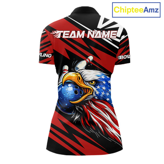 Custom Black and Red Camo American Flag Eagle Bowling shirts for Women, patriotic bowling team shirts NQS11609