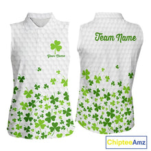 Load image into Gallery viewer, Custom Green shamrock pattern White Sleeveless Golf Polo shirt, St Patrick's day ladies golf shirts NQS11610
