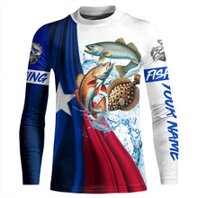 Load image into Gallery viewer, Texas slam flag patriotic redfish, trout, flounder fishing Custom Name 3D UV Protection Fishing Shirts NQS5172