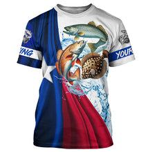 Load image into Gallery viewer, Texas slam flag patriotic redfish, trout, flounder fishing Custom Name 3D UV Protection Fishing Shirts NQS5172