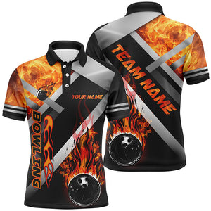 Mens bowling polo shirts Custom Black bowling ball Flame Bowling Team League Jerseys, gift for Bowlers NQS7432