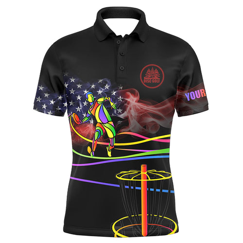 American flag Black Mens disc golf polo shirts custom name disc golfer basket, disc golf gifts for men NQS5420