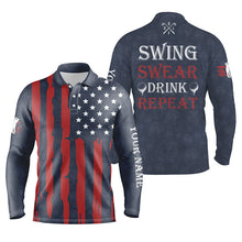 Load image into Gallery viewer, Mens golf polo shirts custom American flag patriotic golf shirt swing swear drink repeat | Navy NQS5680