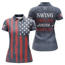 Load image into Gallery viewer, Womens golf polo shirts custom American flag patriotic golf shirt swing swear drink repeat | Navy NQS5680