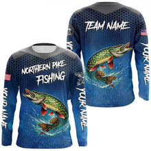 Load image into Gallery viewer, Blue camo Northern Pike fishing Custom performance long sleeve team Pike fishing tournament shirts NQS7772