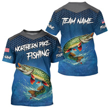 Load image into Gallery viewer, Blue camo Northern Pike fishing Custom performance long sleeve team Pike fishing tournament shirts NQS7772