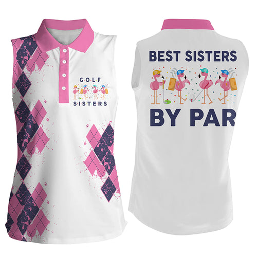 White Women sleeveless polo shirt best sisters by par funny flamingo golf shirt | Pink NQS5886