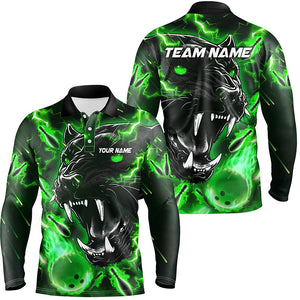 Green Flame Panther Bowling Polo, Quarter Zip Shirts For Men Custom Bowling Team League Jerseys NQS8653