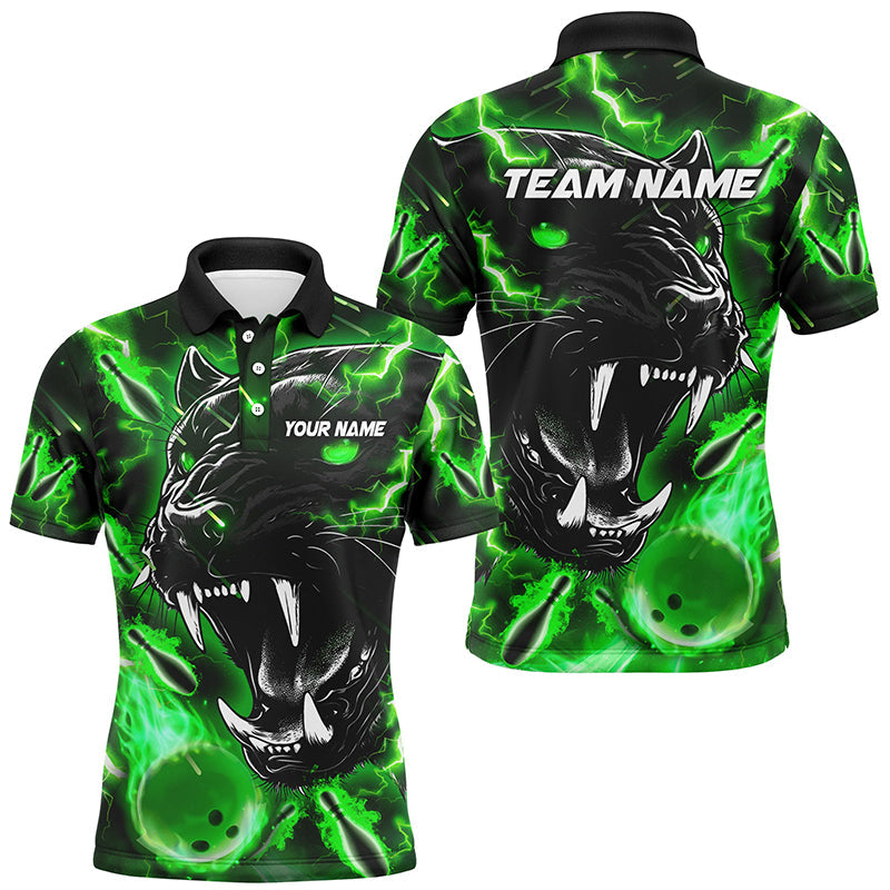 Green Flame Panther Bowling Polo, Quarter Zip Shirts For Men Custom Bowling Team League Jerseys NQS8653