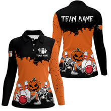 Load image into Gallery viewer, Black and Orange Funny Pumpkin Skull Bowling Shirts For Women Custom Halloween Team Bowling Jerseys NQS8656