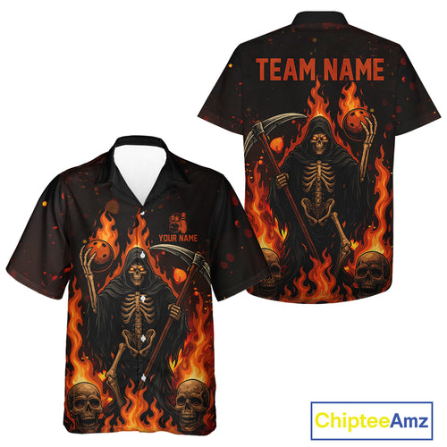 Black And Orange Flame Reaper Skull Custom Halloween Bowling Team Hawaiian Shirts, Bowling Gifts NQS10835