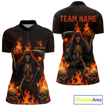 Load image into Gallery viewer, Black And Orange Flame Reaper Skull Custom Halloween Bowling Team Shirts For Women, Bowling Gifts NQS10835