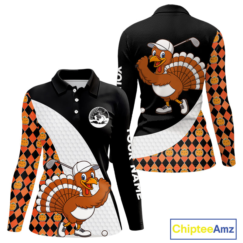 Golf Turkey Thanksgiving Women Polo Shirt Orange Pumpkin argyle pattern Custom Golf outfit For Ladies NQS10839