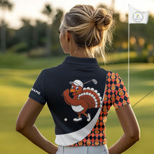 Load image into Gallery viewer, Golf Turkey Thanksgiving Women Polo Shirt Orange Pumpkin argyle pattern Custom Golf outfit For Ladies NQS10839
