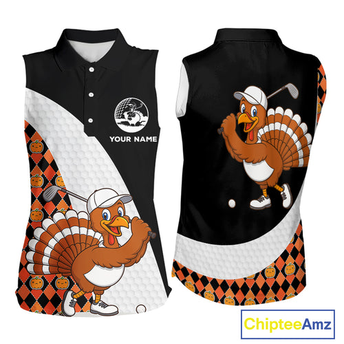 Golf Turkey Thanksgiving Sleeveless Polo Shirt Orange Pumpkin argyle pattern Custom Golf outfit NQS10839