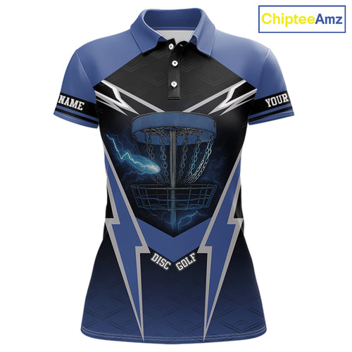 Black and Blue Lightning Thunder Womens Disc golf polo shirts Custom disc golf outfit for ladies NQS10841