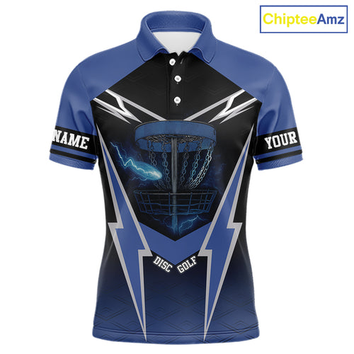 Black and Blue Lightning Thunder Mens Disc golf polo shirts Custom disc golf outfit for men NQS10841