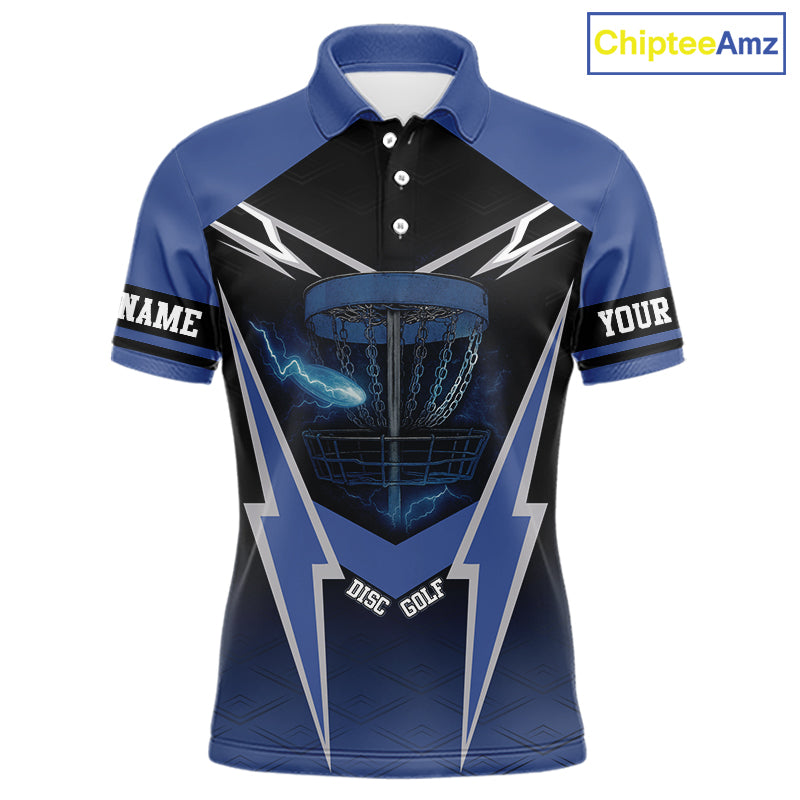 Black and Blue Lightning Thunder Mens Disc golf polo shirts Custom disc golf outfit for men NQS10841