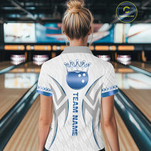 Load image into Gallery viewer, White and Blue crown Bowling ball Polo, Quarter Zip Shirts for Women Custom Bowling Team jerseys NQS11008
