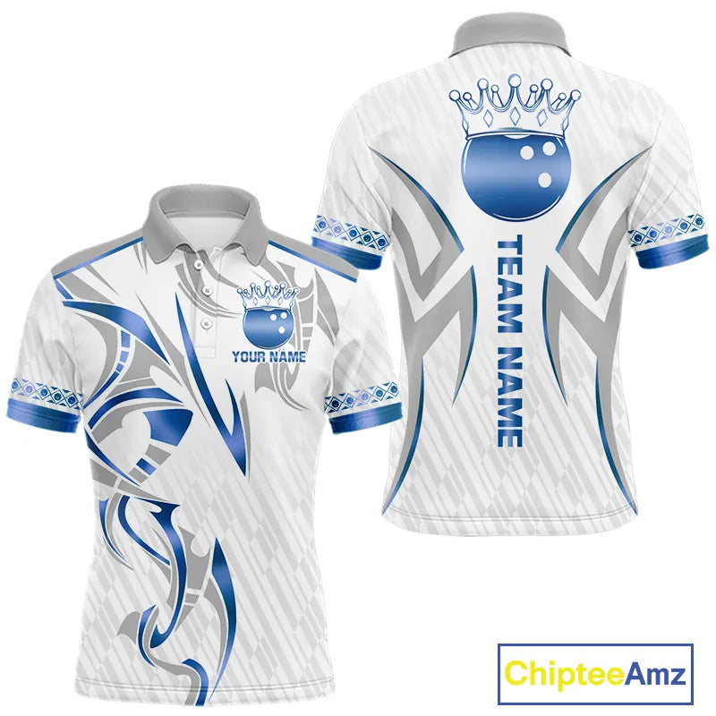 White and Blue crown Bowling ball Polo, Quarter Zip Shirts for Men Custom Bowling Team jerseys NQS11008