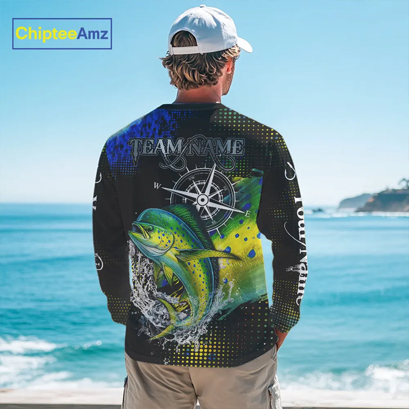Personalized Black and Green Mahi Mahi fishing scales compass Performance long sleeve Fishing Shirts NQS11216