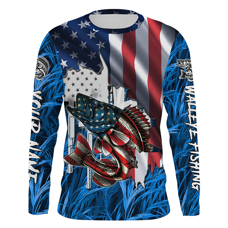 American flag patriot Walleye blue camo fishing, custom mens long sleeve sun protection fishing shirts NQS4709