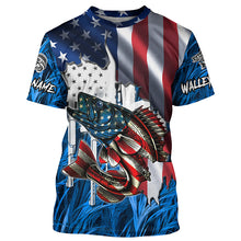 Load image into Gallery viewer, American flag patriot Walleye blue camo fishing, custom mens long sleeve sun protection fishing shirts NQS4709