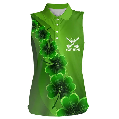 Green shamrock Lucky Women sleeveless polo golf shirts Custom St Patrick Day golf apparel for ladies NQS9485