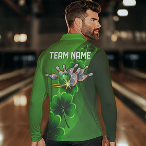 Green shamrock Lucky Bowling Polo, 1/4 Zip Shirt for Men Custom St Patrick Day Bowling Team Jerseys NQS9486
