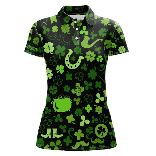 Green shamrock St Patrick Day pattern Lucky polo golf shirts for Women Custom St Patrick golf attire NQS9649