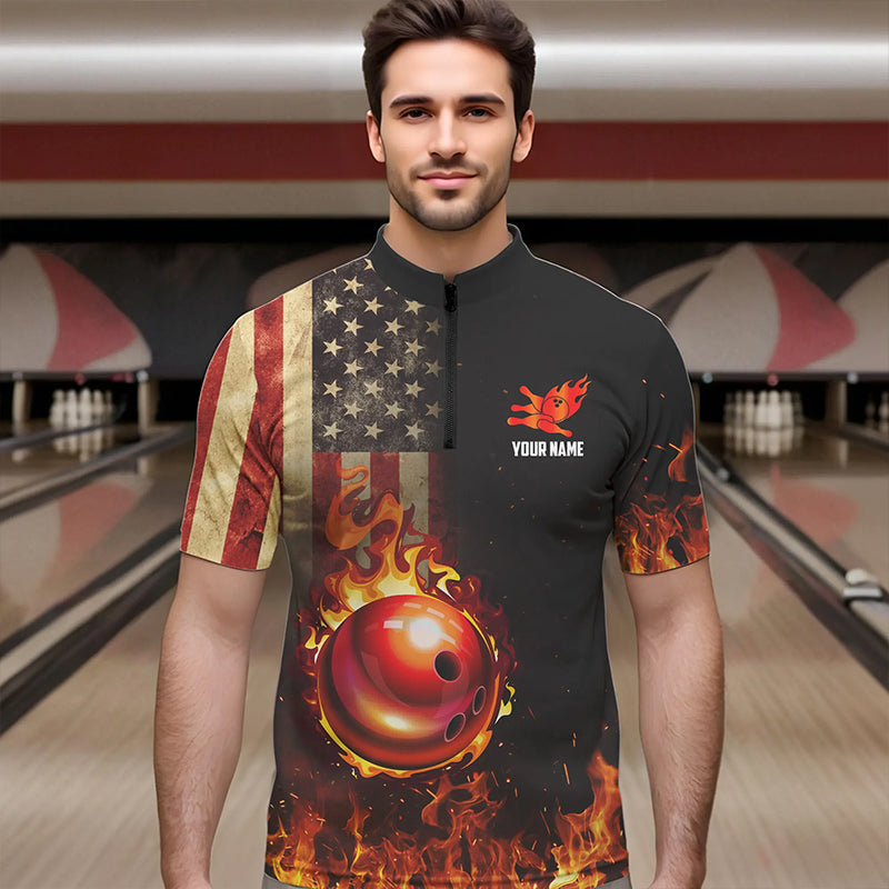 Vintage American Flag Flame Bowling Shirts For Men Custom Patriotic Mens Bowling Team Jersey NQS9651