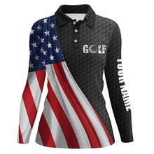 Load image into Gallery viewer, American flag black golf ball skin Womens golf polo shirts custom name patriotic golf tops for women NQS5890