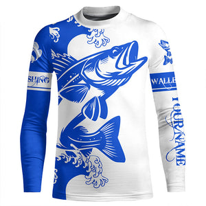 Personalized Walleye fishing tattoo jerseys, Walleye Long Sleeve Fishing tournament shirts | Blue NQS3719