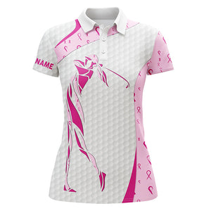 Personalized pink ribbon pattern breast cancer polo shirts for women, custom breast cancer golf shirts NQS8432