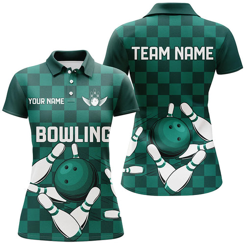 Green checkered Women Bowling Polo, 1/4 Zip Shirt Custom team bowling jerseys, Ladies bowling outfits NQS8436