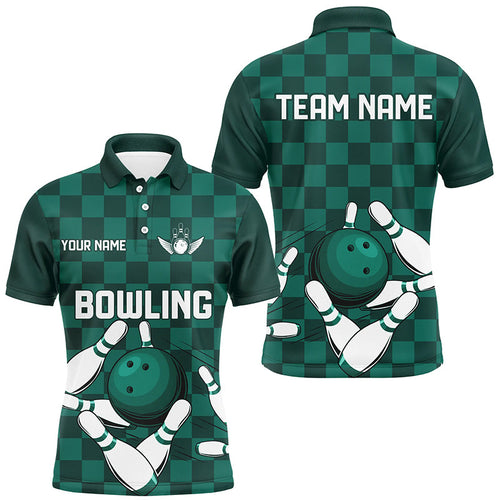 Green checkered Men Bowling Polo, Quarter Zip Shirt Custom team bowling jerseys, mens bowling outfits NQS8436