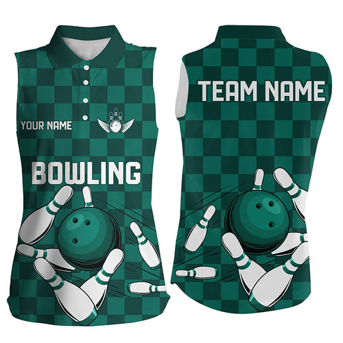 Green checkered Women Bowling Sleeveless Polo Shirt Custom team bowling jersey, Ladies bowling outfits NQS8436