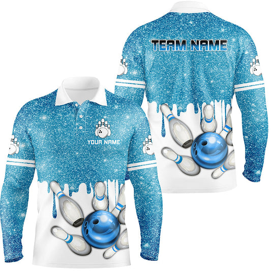 Blue glitter Bowling Shirts For Men Custom team bowling jerseys, Personalized bowling uniform NQS8657