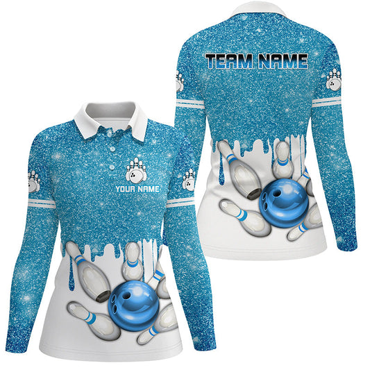 Blue glitter Bowling Shirts For Women Custom team bowling jerseys, Personalized bowling uniform NQS8657
