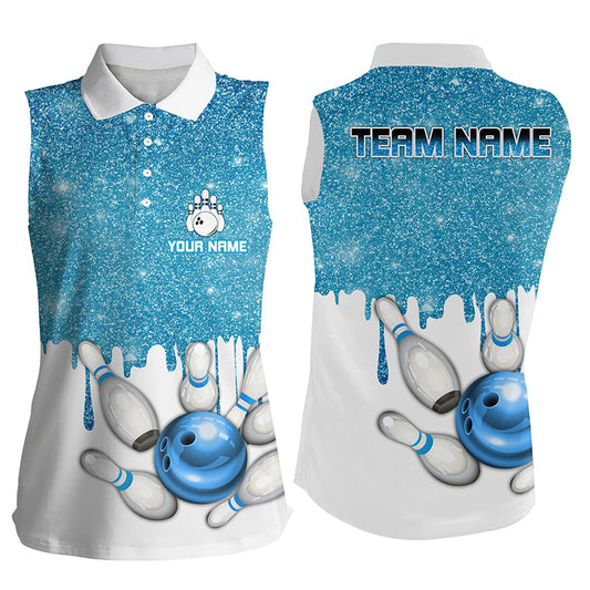 Blue glitter Bowling sleeveless polo Shirts Custom team bowling jerseys, Personalized bowling uniform NQS8657