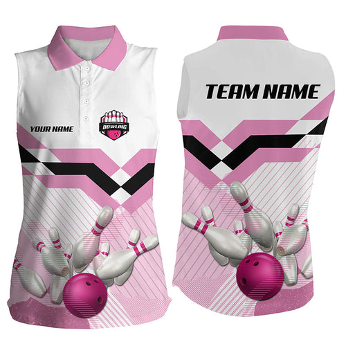 Pink and White Bowling ball and pins Bowling sleeveless polo shirts Custom Bowling Team Shirts Outfit NQS8668