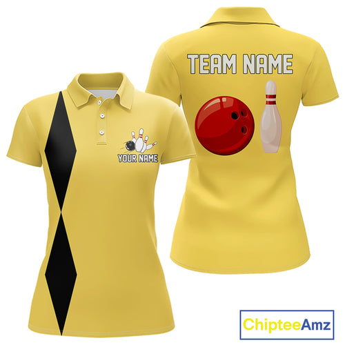 Personalized Retro Bowling Polo, 1/4 Zip Shirt For Women custom vintage bowling team jersey | Yellow NQS11013