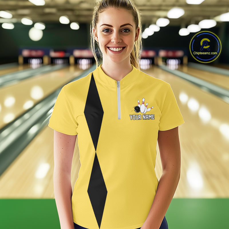 Personalized Retro Bowling Polo, 1/4 Zip Shirt For Women custom vintage bowling team jersey | Yellow NQS11013