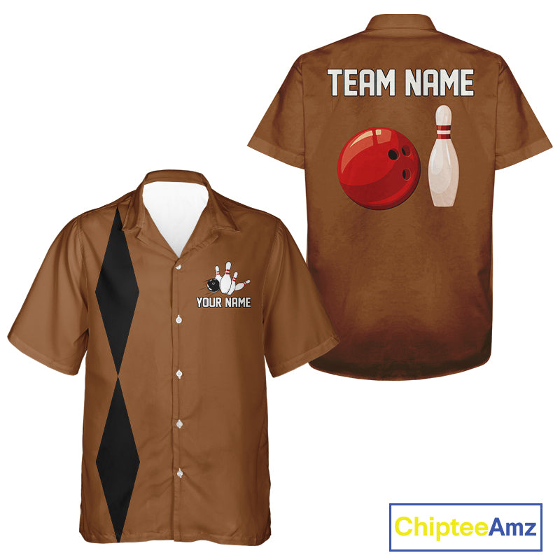 Personalized Retro Bowling Hawaiian shirts Custom vintage Team button up shirts | Brown NQS11016