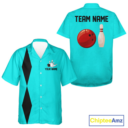 Personalized Retro Bowling Hawaiian shirts Custom vintage Team button up shirts | Cyan Blue NQS11017