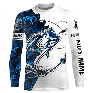 Blue camo Largemouth Bass fishing Custom name Long Sleeve fishing shirts for men, women, Kid NQSD88
