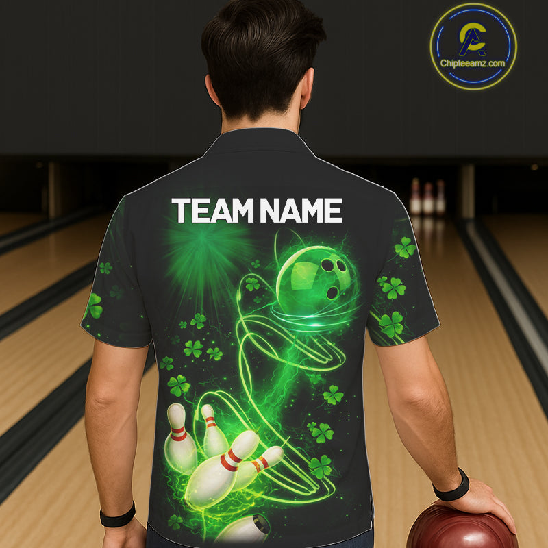 Green shamrock lightning thunder St Patrick's Day button-up bowling shirts custom team bowling jersey NQS11414